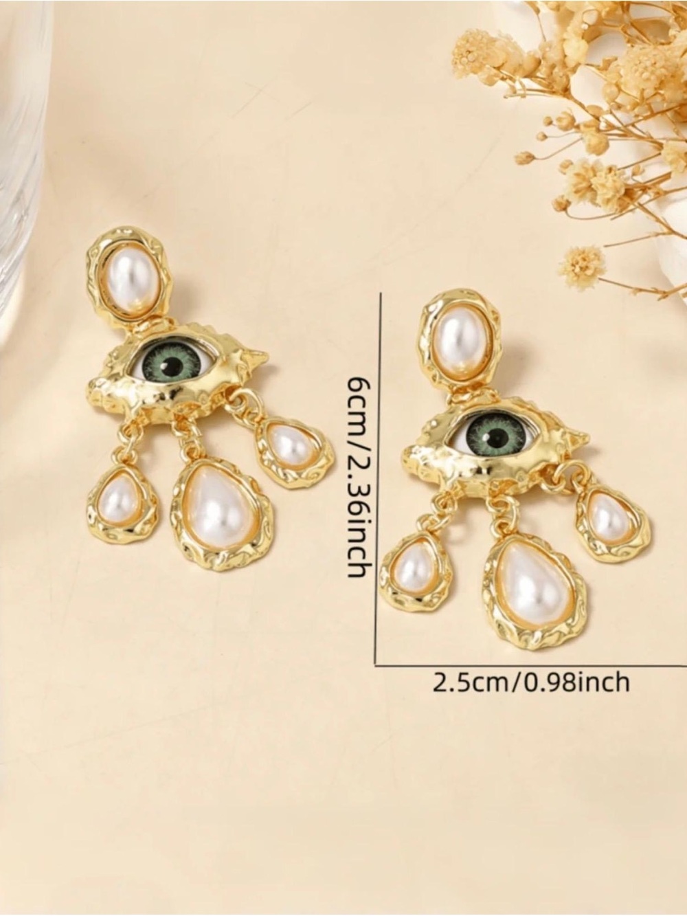Evil Eye Pearl Drop Statement Earrings - Picture 3 of 5